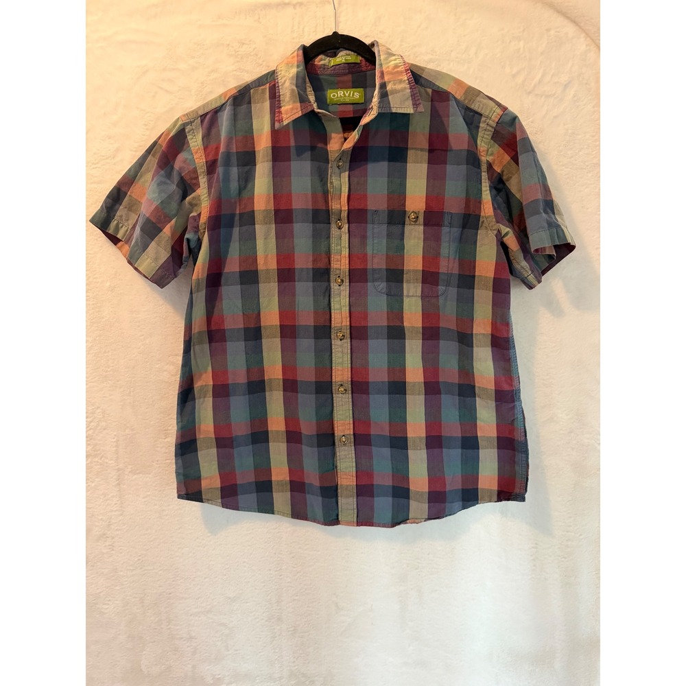 Orvis Mens XL Multi Color Plaid Short Sleeve Cotton Button Down Shirt Pocket